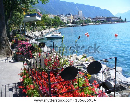 MONTREUX, SWITZERLAND: View on Geneva Lake in summer in town Montreux. Montreux is famous resort in Switzerland.