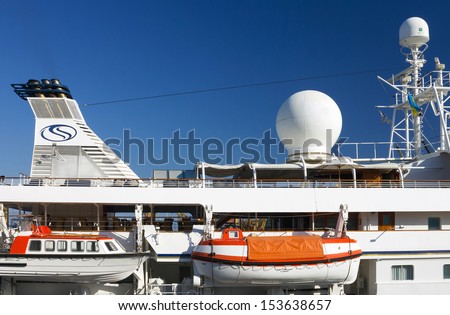 Cruise ship: Modern control navigation radar of cruise liner. Radionavigation satellite service. Cruise ship SEA DREAM.
