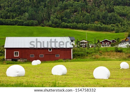 Haystacks and rural house, Olden, Norway. Country landscape.