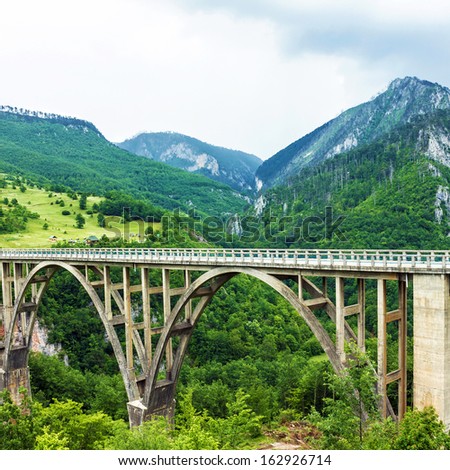 Bridge construction. Durdevica Tara arc bridge in the mountains, North of Montenegro. One of the highest automobile bridges in Europe.