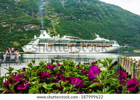 Cruise liner in Geiranger sea port in summer.