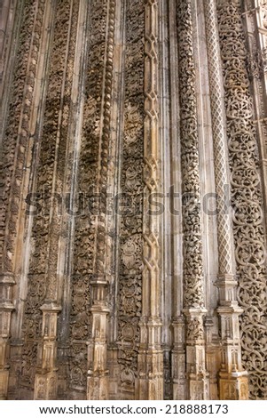 Carving on a stone in Batalha Dominican medieval monastery, Portugal - great masterpieces of Gothic art. UNESCO World Heritage