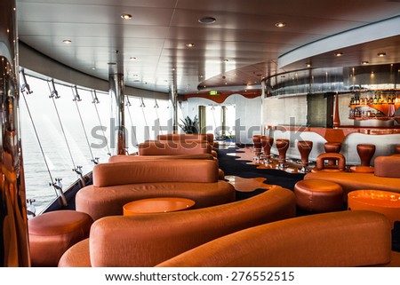 Bar interior on cruise liner. Liquid discotheque.