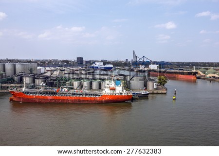 Cargo tanker vessel in sea port Rotterdam, Netherlands.