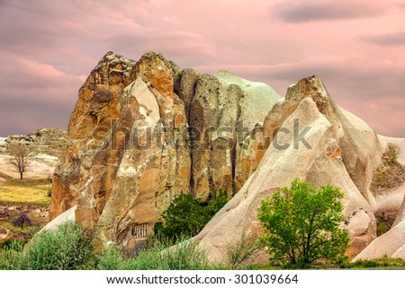Cappadocia, Turkey. Sunset mountain volcanic rock landscape, Goreme national park. Love valley