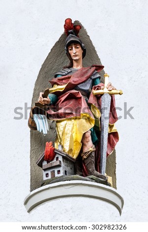 Bavaria, Germany. Sculptural figure of medieval knight in village Oberammergau house