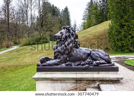 Black lion sculpture in Linderhof Palace park, Bavaria, Germany