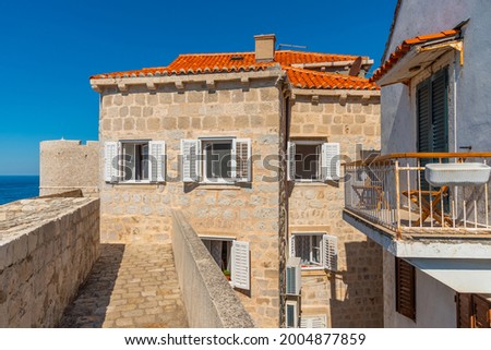 Balcony with two wooden chairs in the old town o Dubrovnik, Croatia Foto stock © 