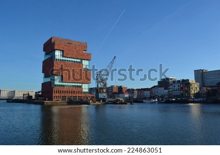 ANTWERP, BELGIUM, MARCH 5, 2014: Detail view over the mas museum situated inside the port of antwerp.