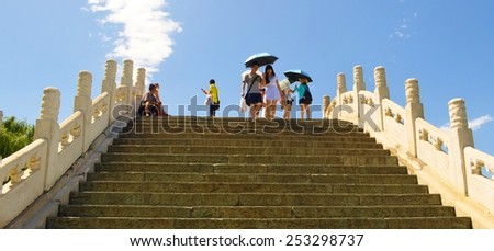 BEIJING, CHINA, AUGUST 15, 2013: People are crossing bridge on the kunming lake inside of the new summer palace complex in chinese capital beijing.
