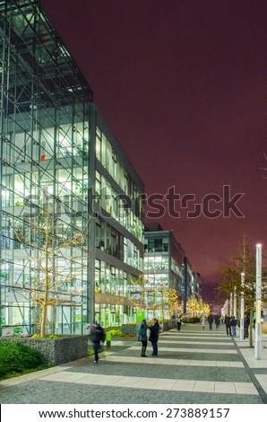 PRAGUE, CZECH REPUBLIC, JANUARY 30, 2015: night view of chodov business park in prague which is completely made of steel and glass.