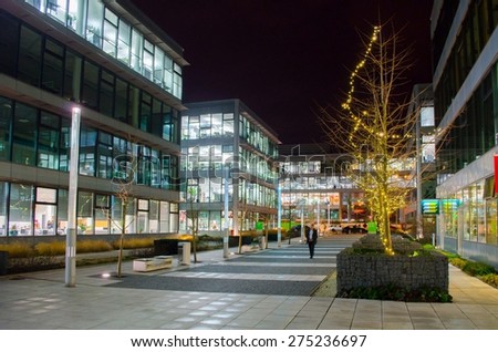 PRAGUE, CZECH REPUBLIC, JANUARY 30, 2015: night view of chodov business park in prague which is completely made of steel and glass.
