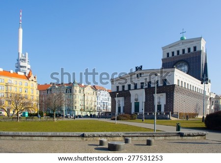 PRAGUE, CZECH REPUBLIC, JANUARY 30, 2015: detail of roman catholic Church of the Most Sacred Heart of Our Lord and zizkov tv tower in prague.