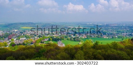 View over three-country border taken from lookout tower on the hill among Netherlands, Belgium and Germany.