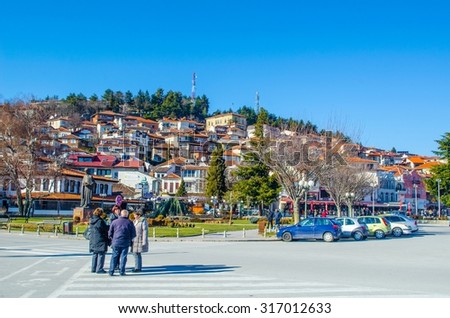 OHRID, MACEDONIA, FEBRUARY 14, 2014:historical part of unesco listed town ohrid is located next to the ohrid lake and spread all over the hill with fortress of tzar samuel at the top.