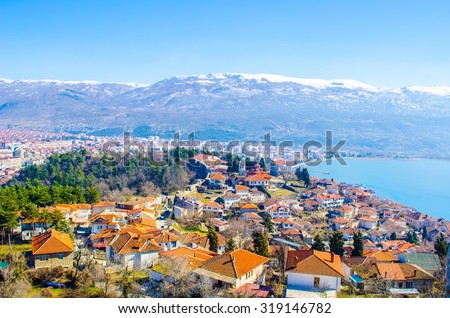 aerial view of macedonian city ohrid, which is famous for its unesco listed historical center and beautiful lake separating macedonia from albania.