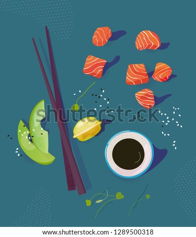 Similar – Image, Stock Photo Japans poke bowl with seafood and salad and vegan bowl with vegetables and chickpeas in sustainable food container at grey background. Eco-friendly delivery food with plastic free cutlery. Top view.