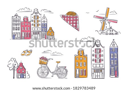 Vector set Amsterdam symbols in sketchy style. Houses, windmill, bike.