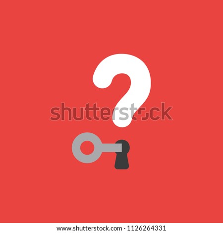 Flat vector icon concept of key unlock question mark with keyhole on red background.