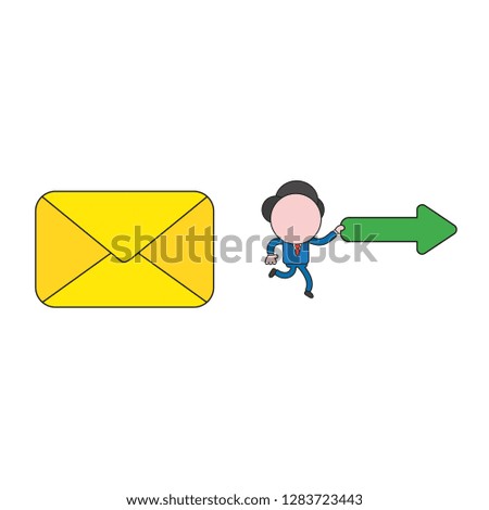 Vector illustration concept of businessman character with closed mail envelope and carrying arrow pointing right. Color and black outlines.