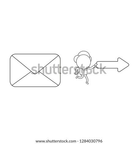 Vector illustration concept of businessman character with closed mail envelope and carrying arrow pointing right. Black outline.