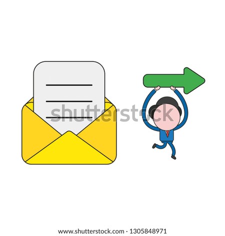 Vector illustration businessman character with written paper in open mail envelope and running and carrying arrow pointing right. Color and black outlines.