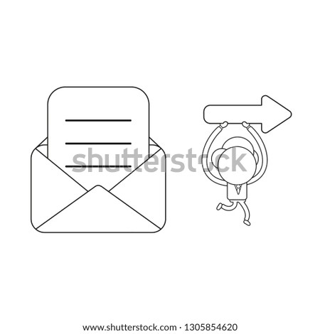 Vector illustration businessman character with written paper in open mail envelope and running and carrying arrow pointing right. Black outline.