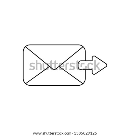 Vector icon concept of send message or email with envelope and green arrow moving right. Black outlines. 