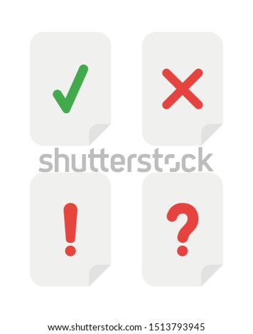 Vector icon set of papers with check mark, x mark, exclamation mark and question mark. Flat color style.