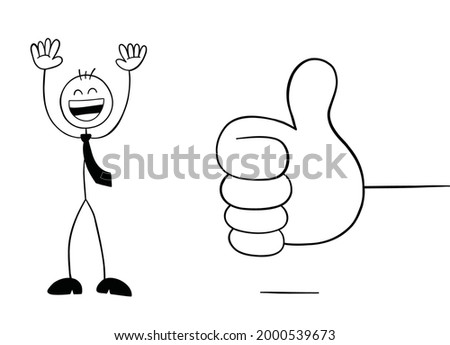 Giving thumbs up and stickman businessman character very happy, vector cartoon illustration. Black outlined and white colored.