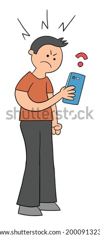 Cartoon wifi connection is very weak and man gets angry, vector illustration. Colored and black outlines.