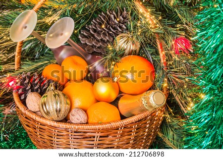 Wicker basket for a picnic under the Christmas tree