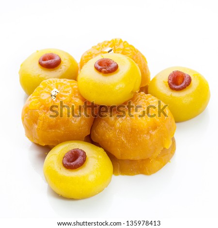 Well known traditional thai dessert present in row on white background