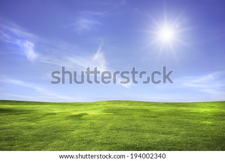 Wide meadow with clouds in blue sky in sunny day