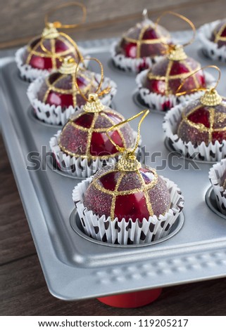Funny Gold Red Christmas Balls in Baking Sheet by Christmas Preparation