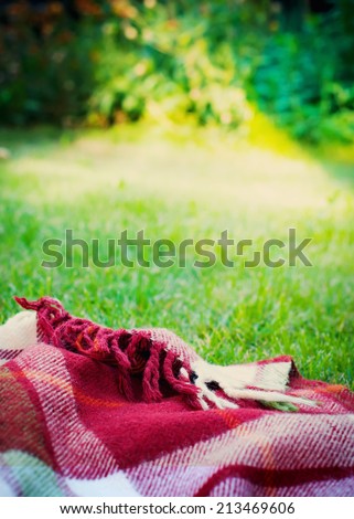 Picnic Cloth on Meadow in Summer, toned image with selective focus