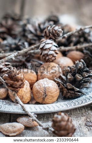 Magic Christmas Tray with Pine cones, Walnuts, Almonds, Nuts on Wooden Background, decorated by snow