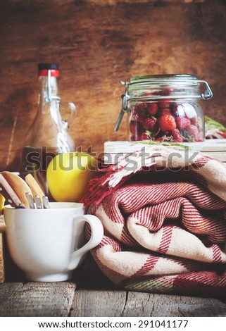 Country Picnic Set with Vintage objects, Plaid, Dishes, Fruits, Bottle. Composition