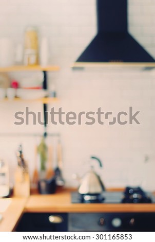 Home Kitchen in Blurred Background. Black and White Colors. Toned Effect
