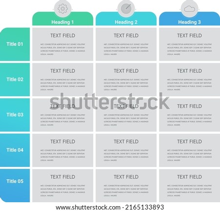 Tablet Layout or Creative PowePoint. 15 paper rectangular elements with thin line icons and letters inside, text boxes. Clean infographic design template. Vector illustration for presentation.