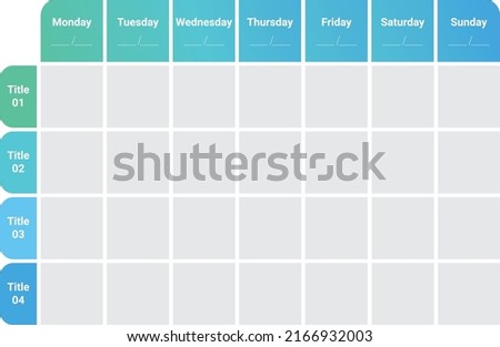 Weekly Table Format, Creative Weekly format, Weekday and Weekend table format, Weekly meal planner. Horizontal blank form
