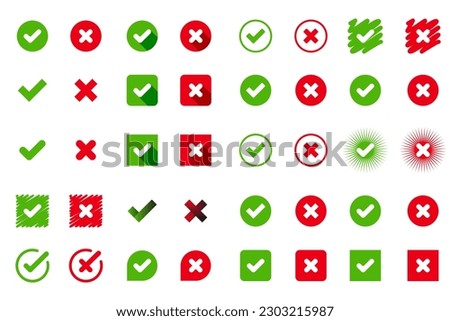 Check mark, Tick  and X mark icon. Checkmark and x mark icon for apps and websites. Green and red check  icon for UIUX app icons. 
Set check mark and cross. Vector illustration