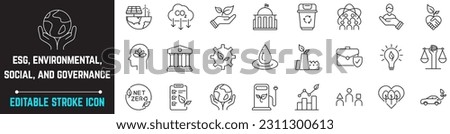 ESG, Environmental Social Governance  Editable Stroke Icon. Contains such icons as Governance, climate crisis, sustainable, sustainability, human rights and responsible investment. ESG Thin Line Icons