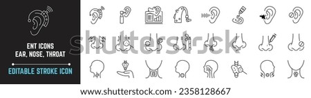 ENT Editable Stroke Icon, also includes ear, nose, throat, Headache, Runny Nose, Cough, Sore Throat, hearing kit, Hearing Report, Breathing, Thyroid. Ear Nose Throat thin line icons.