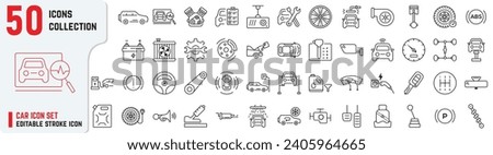 Set of Car Parts editable stroke icons also includes engine, maintenance, diagnostic, service, suspension, battery, indicators signal, brake icons. Car repair 50+ thin icon collections