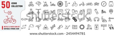 Set of Bicycle and Parts editable stroke icons also includes repair, Pino Tandem, charging, service, mirror, horn, brake icons. Electric Bicycle 50+ thin icon collections