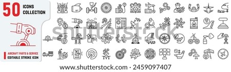 Set of Aircraft Parts and Service-related editable stroke icons also includes engine, maintenance, hangar, service, tire, cockpit, indicators signal, reports, radar icons. Flight maintenance 50+ thin 