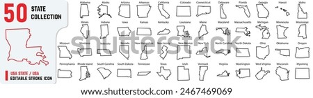 USA 50 editable stroke icon, also includes New York, Pennsylvania, Rhode Island, South Carolina, South Dakota, Tennessee, Texas, Vector outline of 50 states with their names 