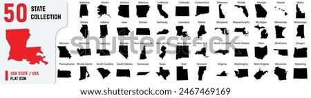 USA 50 flat icon, also includes New York, Pennsylvania, Rhode Island, South Carolina, South Dakota, Tennessee, Texas, Vector outline of 50 states with their names 