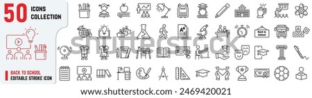 Back to School editable stroke icon also includes teaching, online education, graduate, studying, learning, uniform. Education thin outline icons